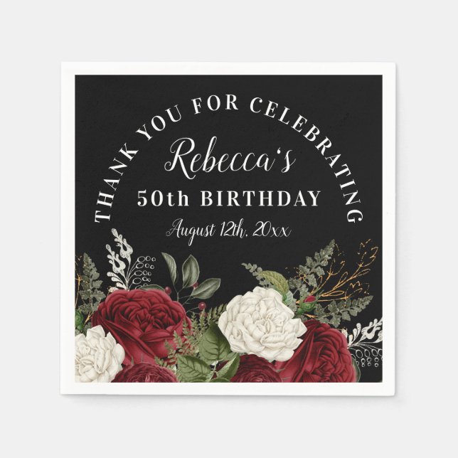 Red Roses on Black 50th Birthday Thank You Napkins (Front)