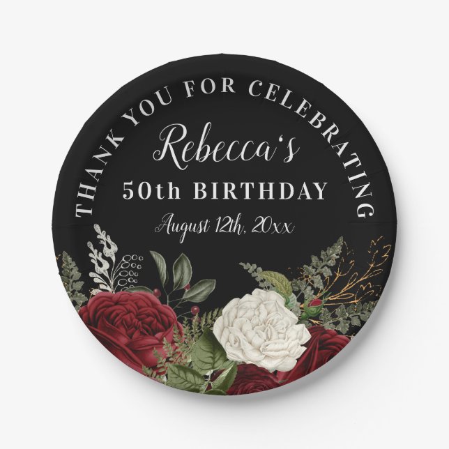 Red Roses on Black 50th Birthday Thank You Paper Plates (Front)