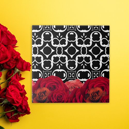 Red Roses On Black And White Geometric Pattern Ceramic Tile
