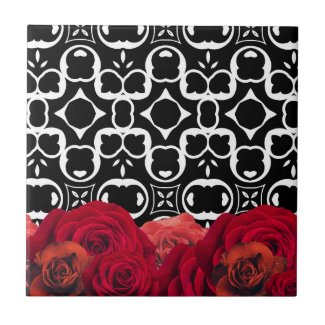 Red Roses On Black And White Geometric Pattern Ceramic Tile