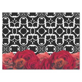 Red Roses On Black And White Geometric Pattern Tissue Paper