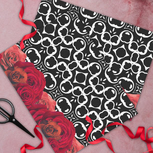 Red Roses On Black And White Geometric Pattern Tissue Paper