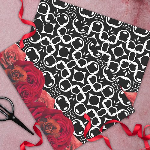 Red Roses On Black And White Geometric Pattern Tissue Paper