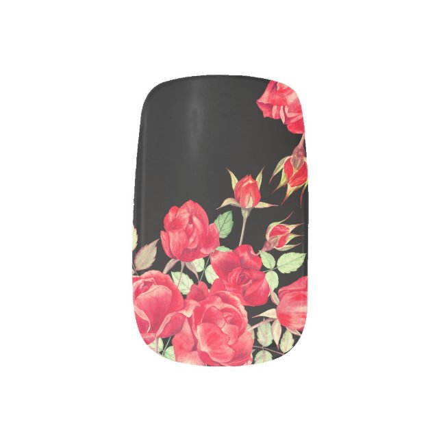 Red roses on black background nails minx nail art (Left Thumb)