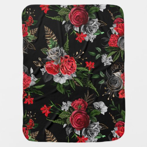 Red roses on black background patternvintagechic baby blanket