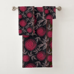 Red roses on black. bath towel set