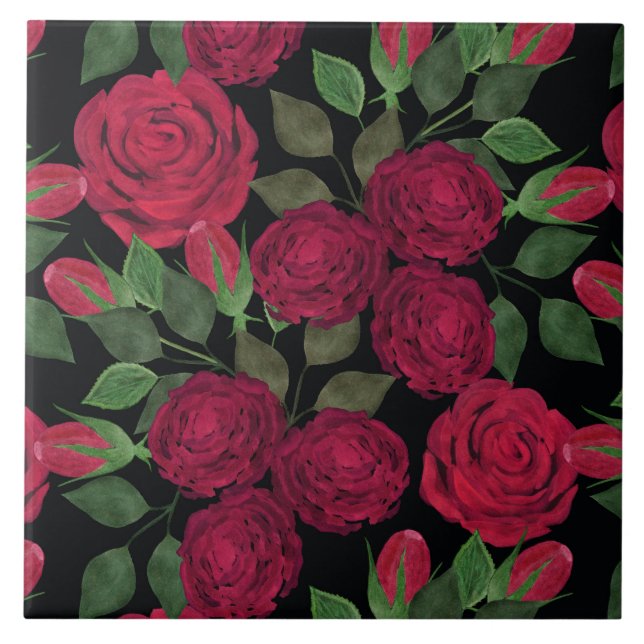 Red roses on black.  ceramic tile (Front)