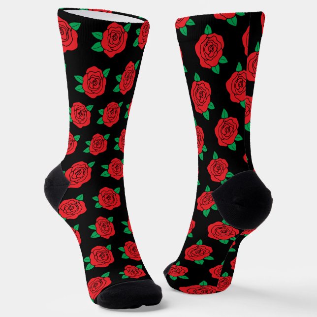Red Roses on Black Floral Wedding Socks (Angled)