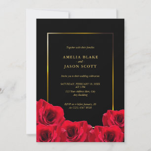 Red Roses on Black Gold Frame with Photo Wedding Invitation