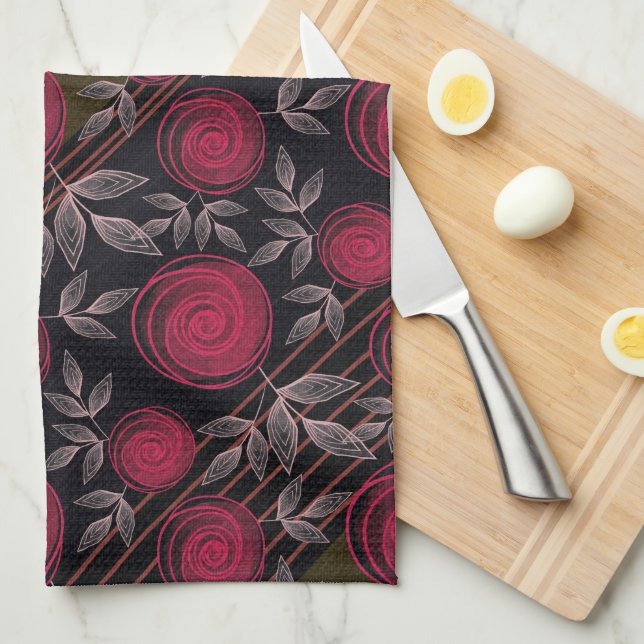 Red roses on black.  kitchen towel (Quarter Fold)