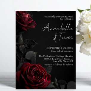 Red Roses on Black Moody Floral Gothic Wedding Invitation