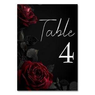 Red Roses on Black Moody Floral Gothic Wedding Table Number