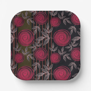 Red roses on black. paper plates