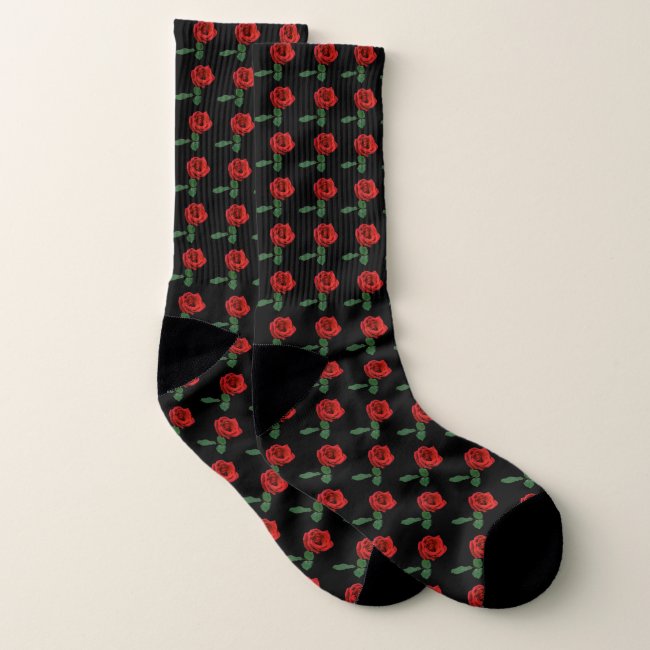 Red Roses on Black Pattern Socks