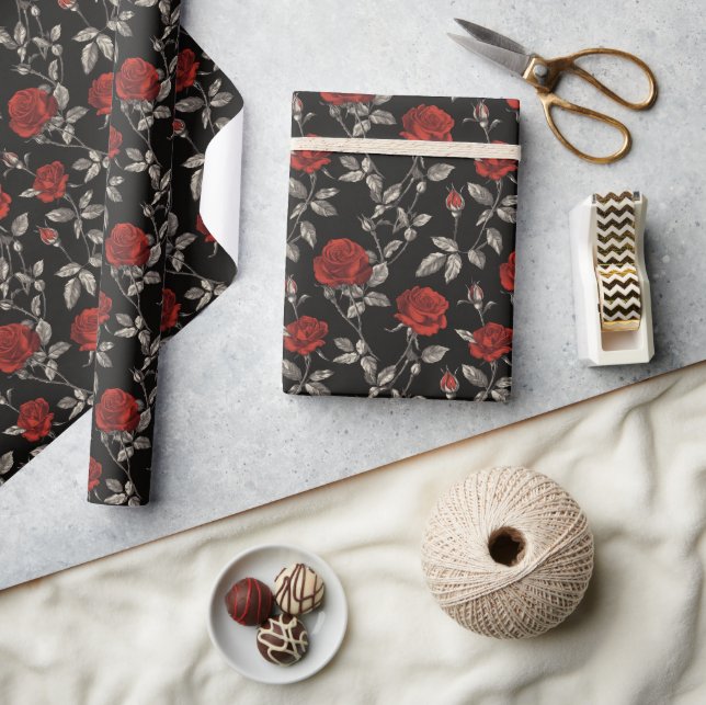 Red Roses on Black Toile De Jouy Wrapping Paper (Crafts)