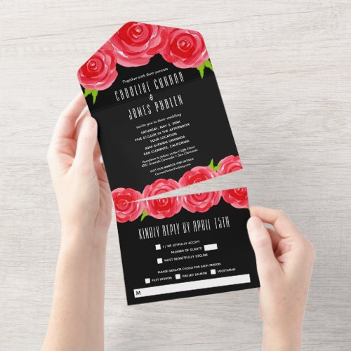 Red Roses on Black Wedding All In One Invitation