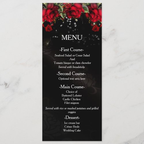 Red Roses on black Wedding Menu Card