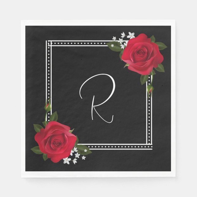 Red Roses on Black Wedding Napkins (Front)