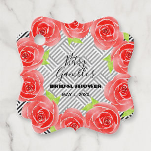 Red Roses on Black White Stripes Derby Party Favor Tags