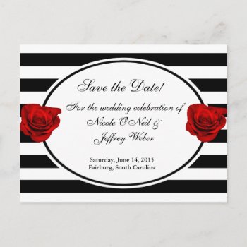 Red Roses On Black & White Wedding Save The Date Announcement Postcard by My_Wedding_Bliss at Zazzle