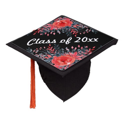 Red Roses on Black with Class of Year Graduation Cap Topper