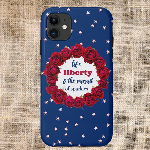 Red roses on blue starry background patriotic text iPhone 11 case