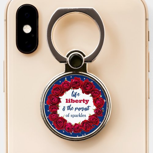 Red roses on blue starry background patriotic text phone ring stand