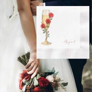 Red Roses on Champagne Personalized Name Coined Napkins