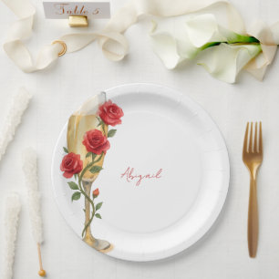 Red Roses on Champagne Personalized Name  Paper Plates