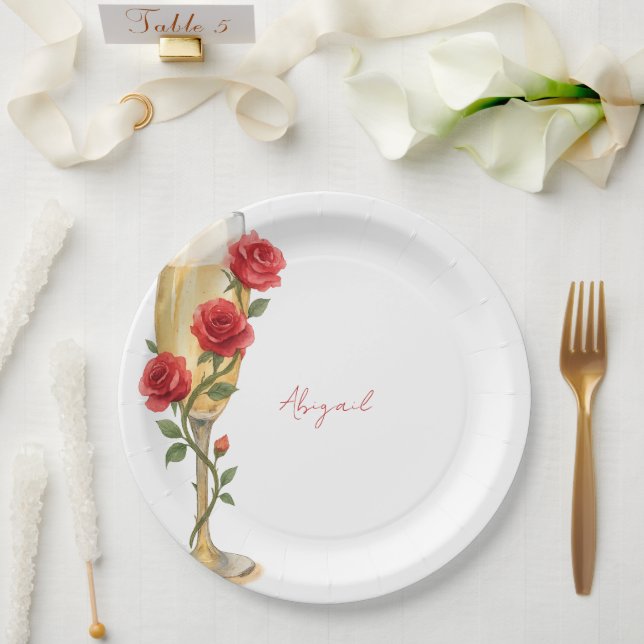 Red Roses on Champagne Personalized Name  Paper Plates (Wedding)