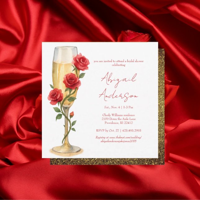 Red Roses on Champagne Square Glam Bridal Shower Invitation (Creator Uploaded)