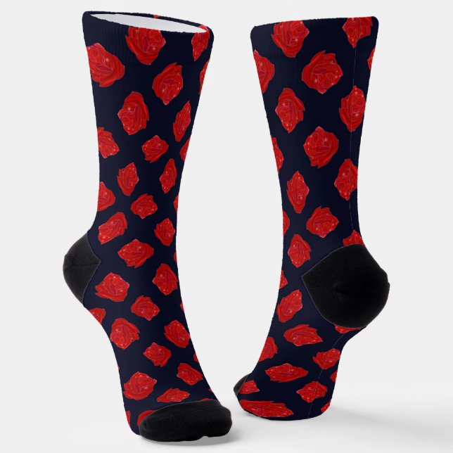 Red roses on dark blue socks (Angled)