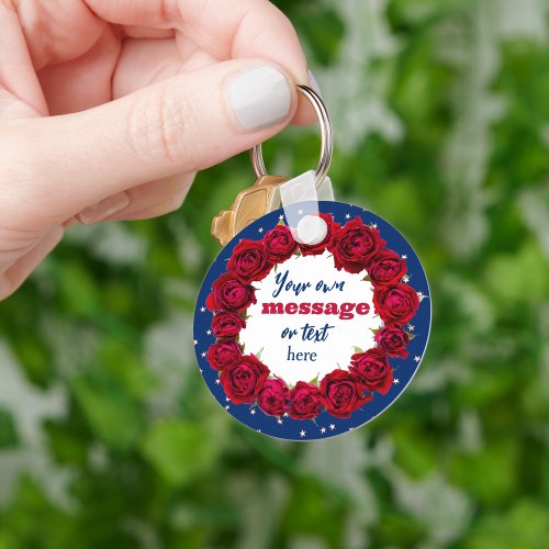 Red roses on deep blue starry background and text keychain