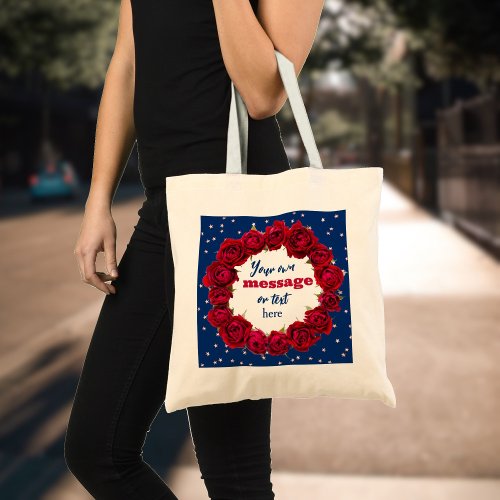 Red roses on deep blue starry background and text tote bag