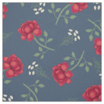 Red Roses on Dusky Blue Calico Fabric