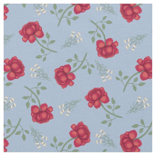Red Roses on Light Blue Calico Fabric