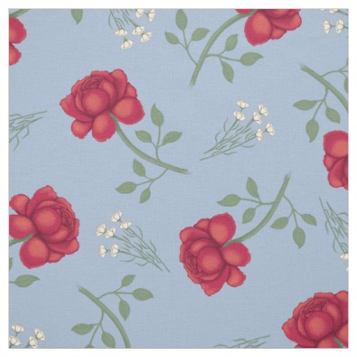 Red Roses on Light Blue Oversized Calico Fabric