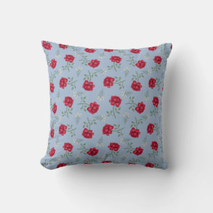 Red Roses on Light Blue Oversized Calico Throw Pillow