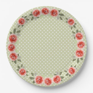 Red Roses on Lime and White Dots Paper Plates