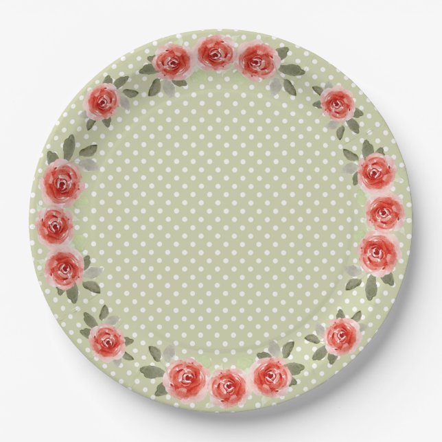 Red Roses on Lime and White Dots Paper Plates (Front)