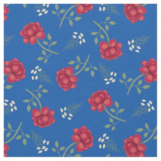 Red Roses on Medium Blue Calico Fabric