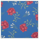 Red Roses on Medium Blue Oversized Calico Fabric