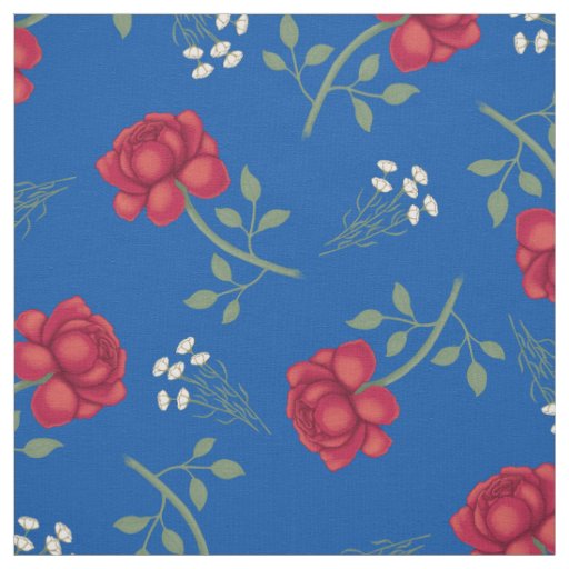 Red Roses on Medium Blue Oversized Calico Fabric