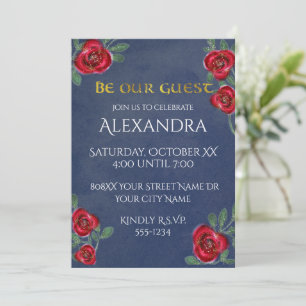 Red Roses on Navy Blue Invitation