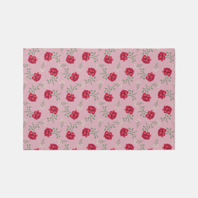 Red Roses on Pink Oversized Calico  Rug (Front)