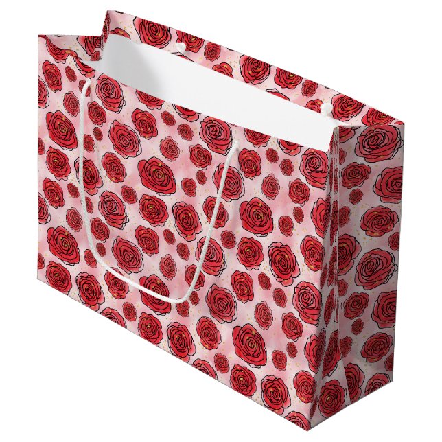 Red Roses on Pink Watercolor Pattern Large Gift Bag (Front Angled)