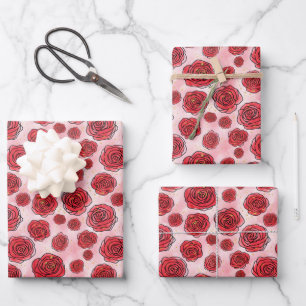 Red Roses on Pink Watercolor Pattern Wrapping Paper Sheets