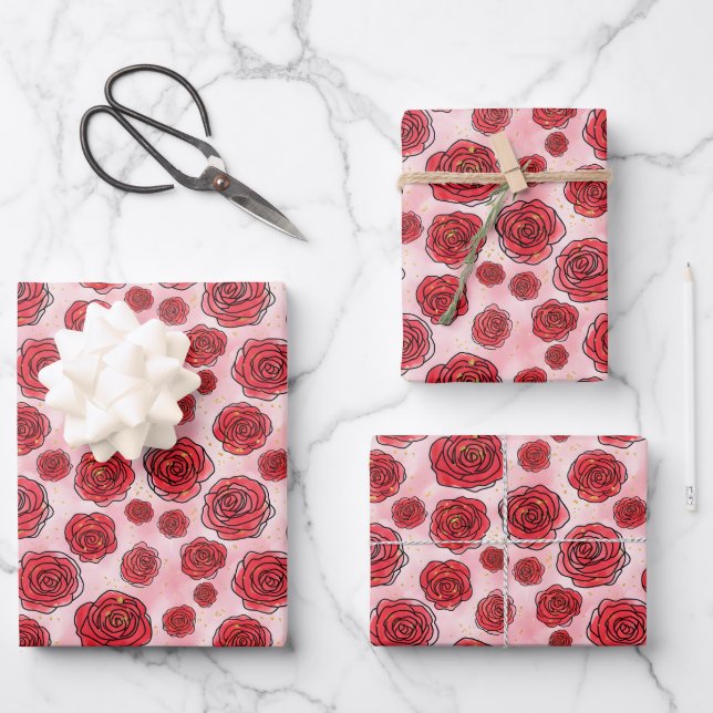 Red Roses on Pink Watercolor Pattern Wrapping Paper Sheets (Front)