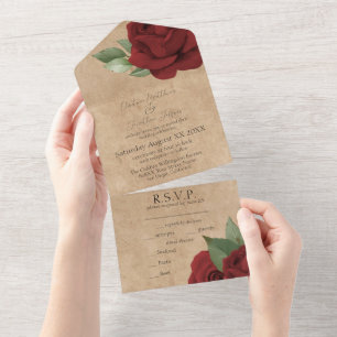 Red Roses on Rustic Parchment Paper Wedding All In One Invitation