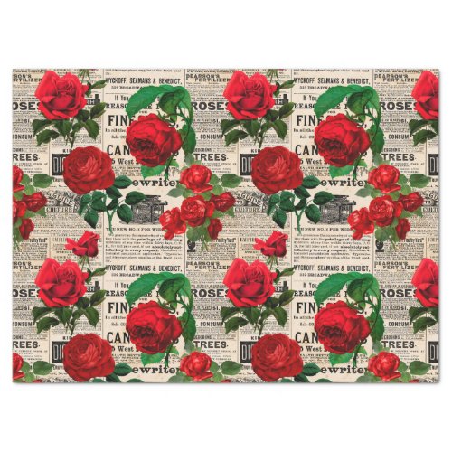 Red Roses on Vintage Newsprint Decoupage Tissue Paper